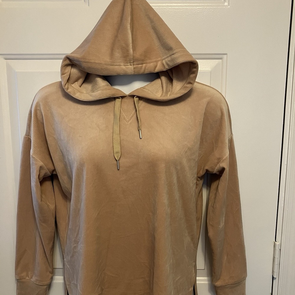 BEBE X CIARA COLLECTION Sz Small Tan Soft Velour Hoodie Sweatshirt‎ Shirt Top